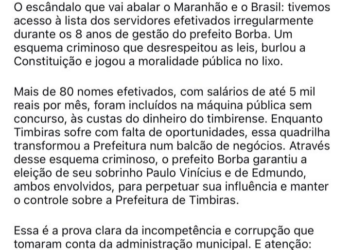 ESCÂNDALO: Fraude dos efetivados da gestão de 8 anos do prefeito Borba na prefeitura de Timbiras.